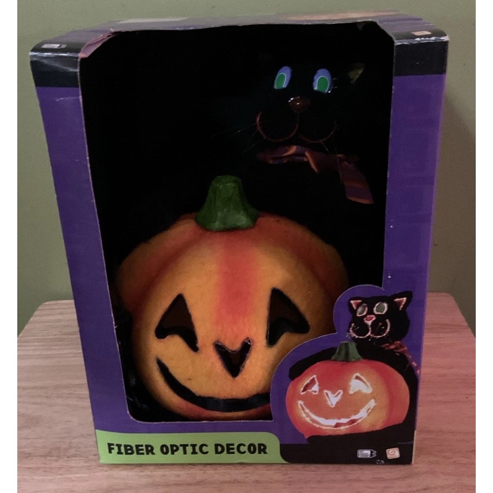 Vintage Gemma Fiber Optic Cat On A Pumpkin Decoration, In Box, Tested